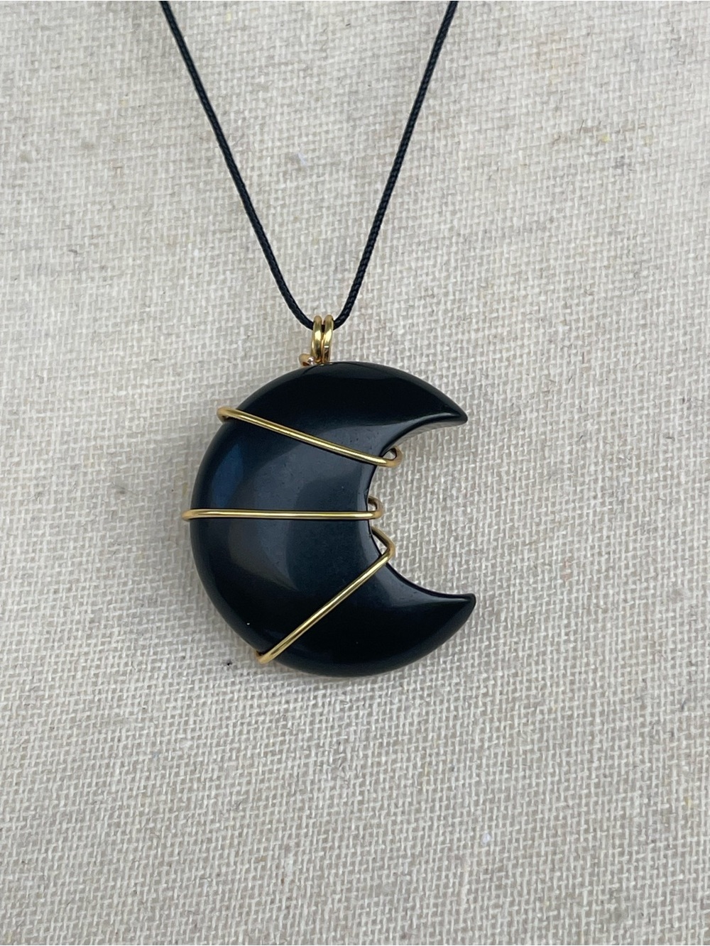 Black Onyx Crescent Moon Necklace on Black Nylon Cord Gold Tone Wire Wrap